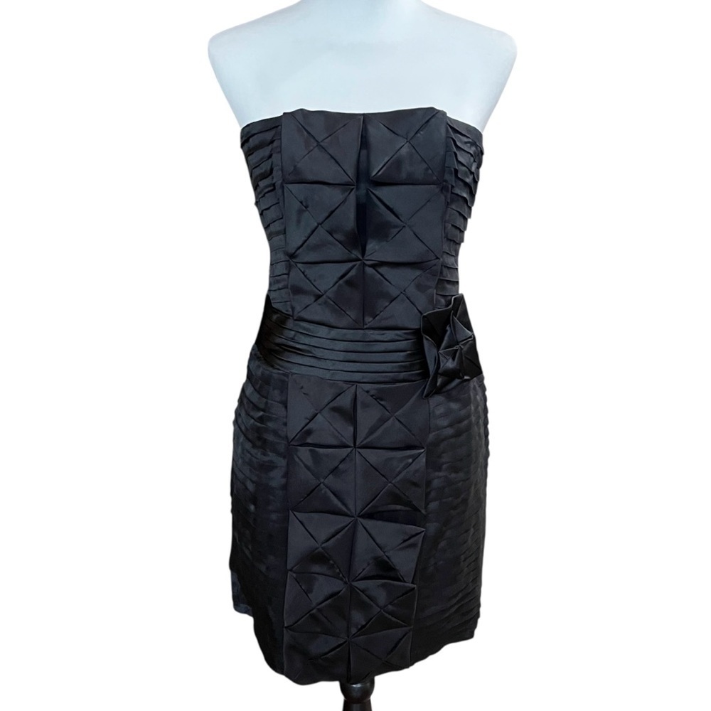 BEBE Mini Dress Size Medium Black Silk NWT Pleated Strapless Party Cocktail LBD